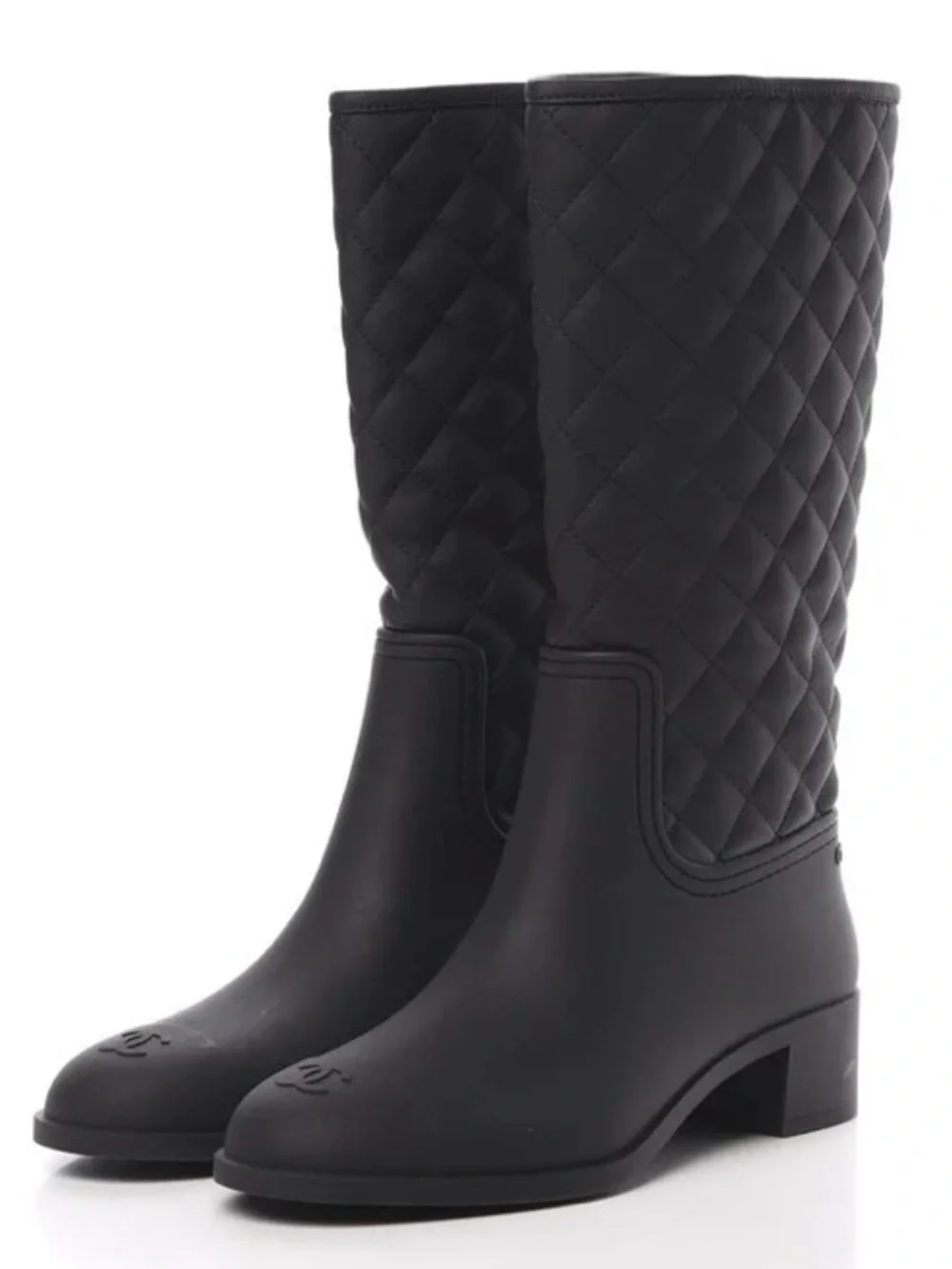Authentic Chanel  Women’s Black Quilted Rain Boots Interlocking CC Size 38